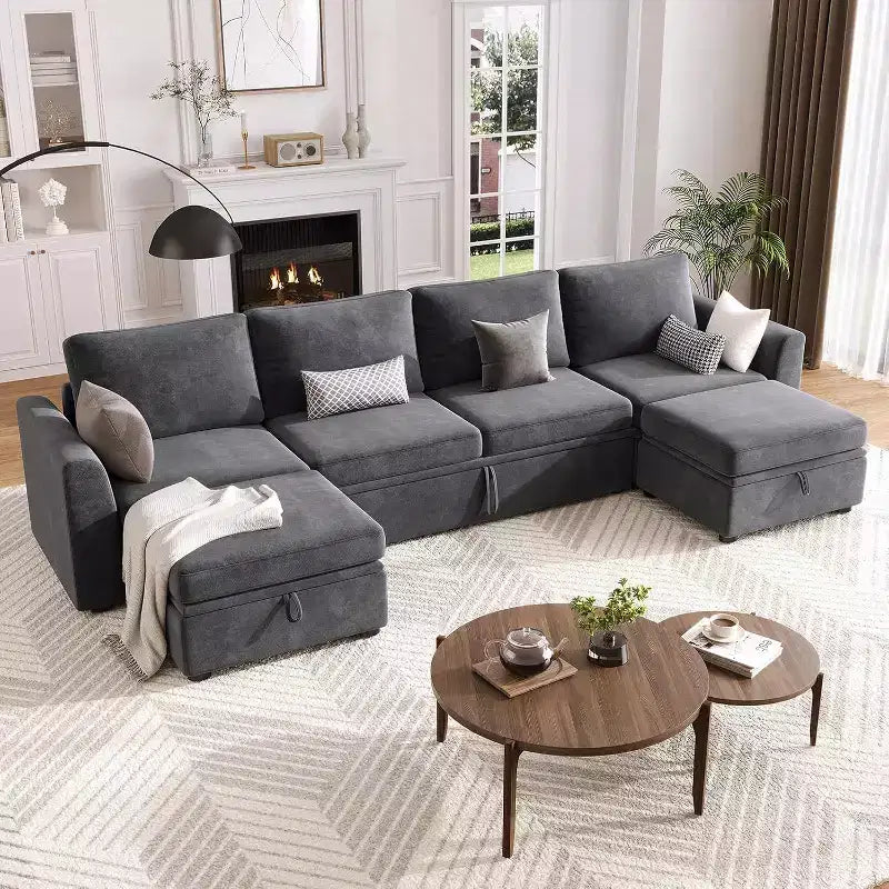 Canapé modulable convertible en chenille Acekool avec lit gigogne, sièges de rangement et 2 poufs, canapé convertible pour salon, housses amovibles