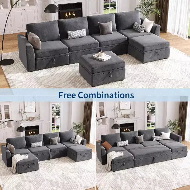 Canapé modulable convertible en chenille Acekool avec lit gigogne, sièges de rangement et 2 poufs, canapé convertible pour salon, housses amovibles