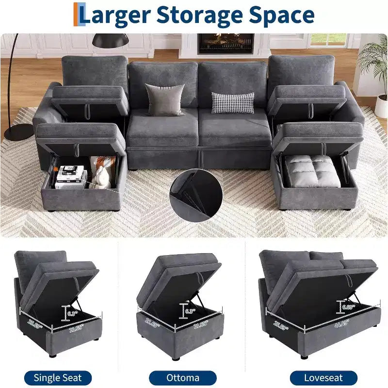 Canapé modulable convertible en chenille Acekool avec lit gigogne, sièges de rangement et 2 poufs, canapé convertible pour salon, housses amovibles