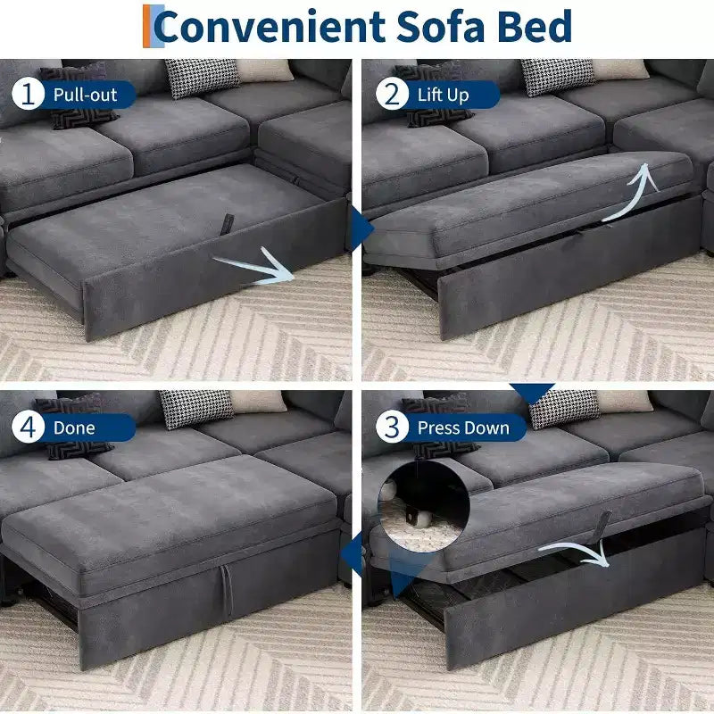 Canapé modulable convertible en chenille Acekool avec lit gigogne, sièges de rangement et 2 poufs, canapé convertible pour salon, housses amovibles