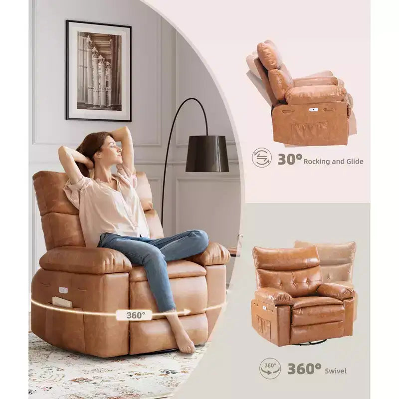 Oversized Rocker Swivel Recliner Chair, Faux PU Leather Manual Recliner with Comfort Arm and Back, Single Sofa Seat for Living Room, Bedroom