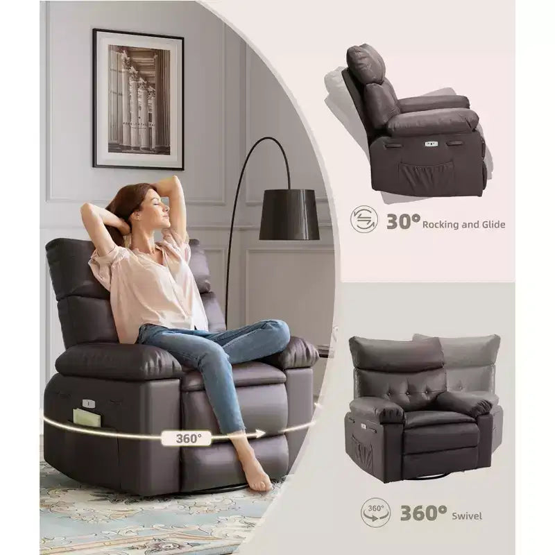 Oversized Rocker Swivel Recliner Chair, Faux PU Leather Manual Recliner with Comfort Arm and Back, Single Sofa Seat for Living Room, Bedroom