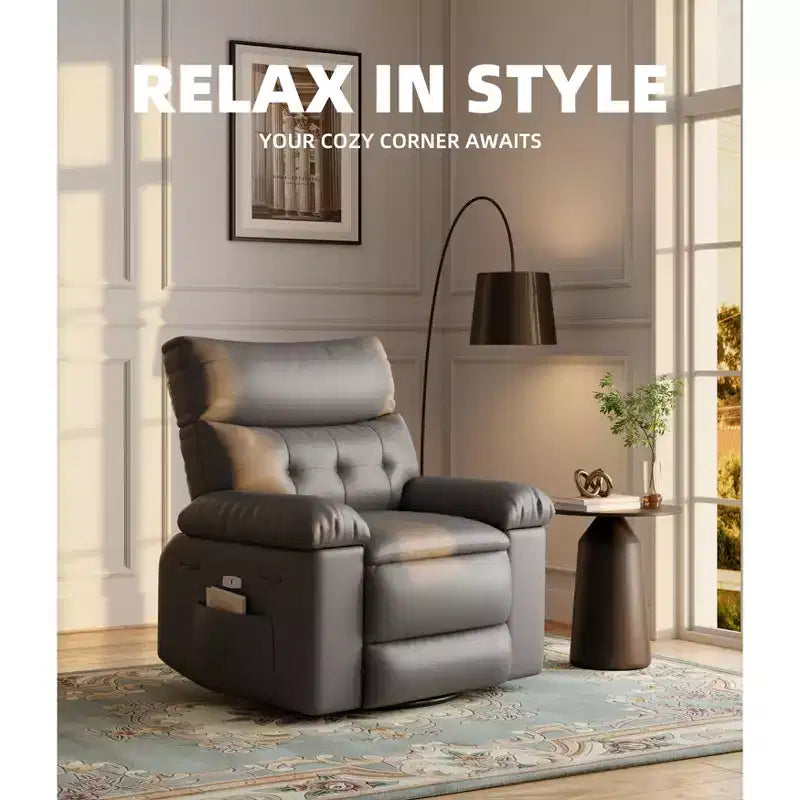 Oversized Rocker Swivel Recliner Chair, Faux PU Leather Manual Recliner with Comfort Arm and Back, Single Sofa Seat for Living Room, Bedroom