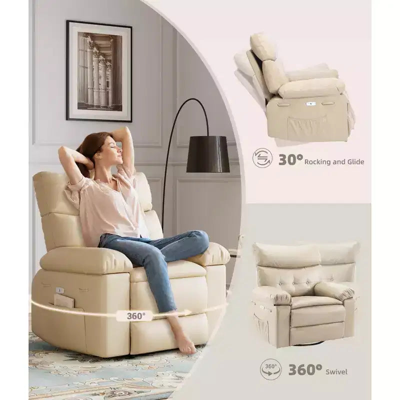 Oversized Rocker Swivel Recliner Chair, Faux PU Leather Manual Recliner with Comfort Arm and Back, Single Sofa Seat for Living Room, Bedroom