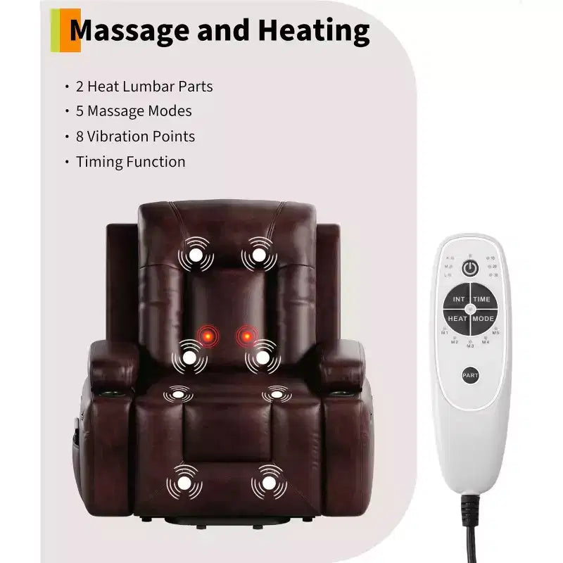 Oversized Power Lift Recliner Chair with Heat & Massage, Faux PU Leather Electric Lift Recliner for Elderly, Single Sofa Seat with Cup Holder