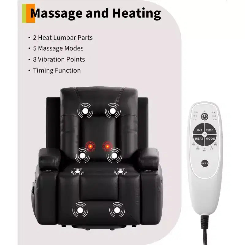 Oversized Power Lift Recliner Chair, Faux PU Leather Electric Lift Recliner with Heat and Massage, Single Sofa Seat with Cup Holder for Bedroom