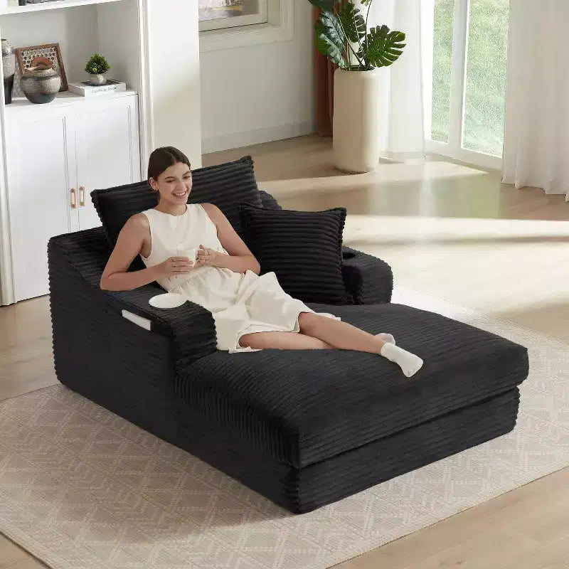 Oversized Single Seat Compressed Sofa with Cup Holder and Pocket, Corduroy Recliner with Faux Two-Layer, Washable Covers, 300 lbs Capacity