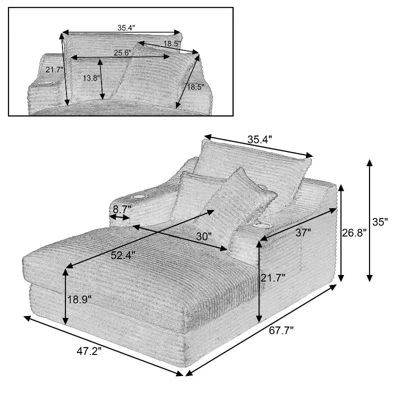 Oversized Single Seat Compressed Sofa with Cup Holder and Pocket, Corduroy Recliner with Faux Two-Layer, Washable Covers, 300 lbs Capacity
