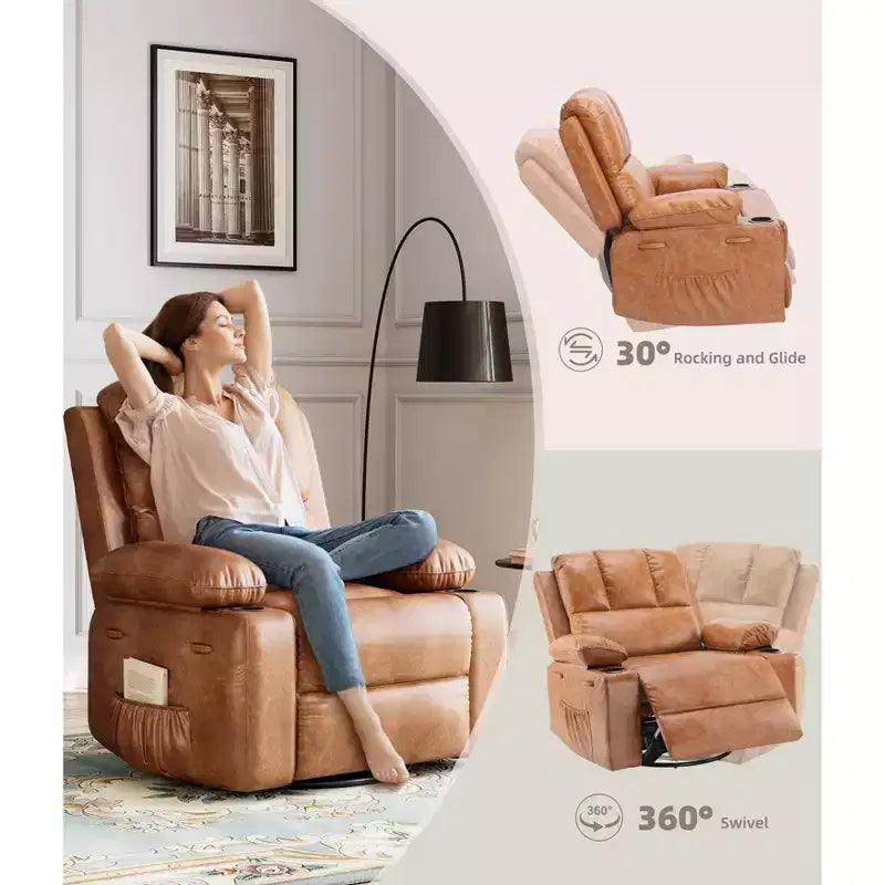 Oversized Recliner Chairs with Heat and Massage - 360 Swivel Lazy Recliner Chair for Adults- Manual Rocking Chair with Cup Holder for Living Rooms