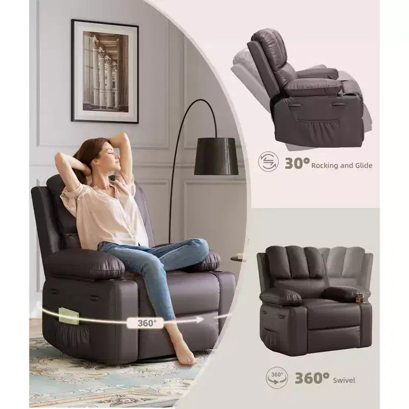 Oversized Recliner Chairs with Heat and Massage - 360 Swivel Lazy Recliner Chair for Adults- Manual Rocking Chair with Cup Holder for Living Rooms