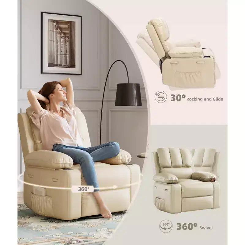 Oversized Recliner Chairs with Heat and Massage - 360 Swivel Lazy Recliner Chair for Adults- Manual Rocking Chair with Cup Holder for Living Rooms