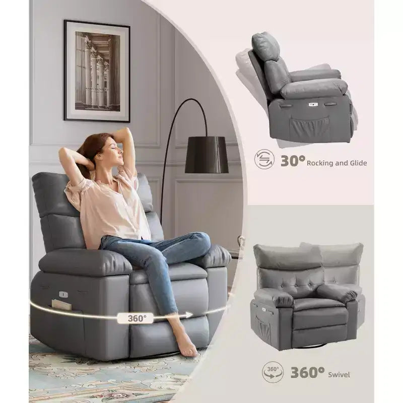 Oversized Wide Recliner Chair - 360 Rocker Swivel Recliner, PU Leather Large Manual Recliner, with 1.5X Sponge Filling and Easy Recline Mechanism