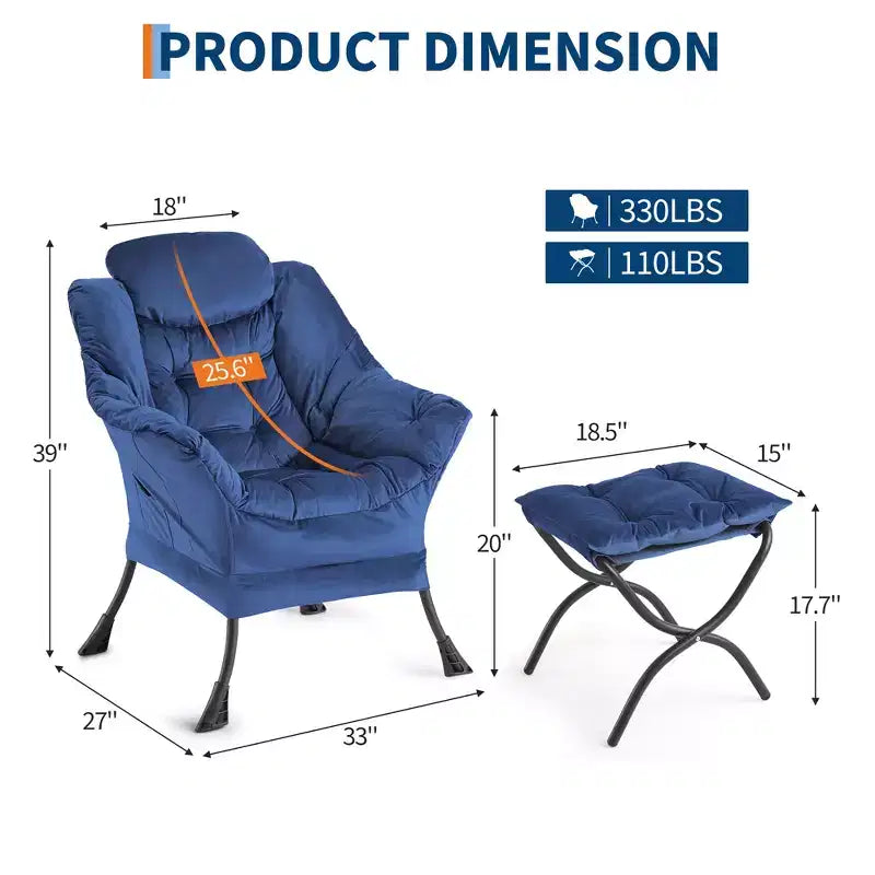 Lazy Chair with Ottoman, Modern Lounge Accent Chair,Leisure Sofa Armchair,Reading Armchair with Side Pocket for Living Room, Bedroom, Dorm & Office