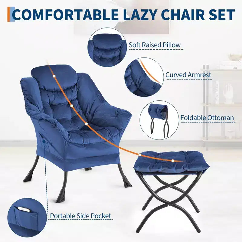 Lazy Chair with Ottoman, Modern Lounge Accent Chair,Leisure Sofa Armchair,Reading Armchair with Side Pocket for Living Room, Bedroom, Dorm & Office