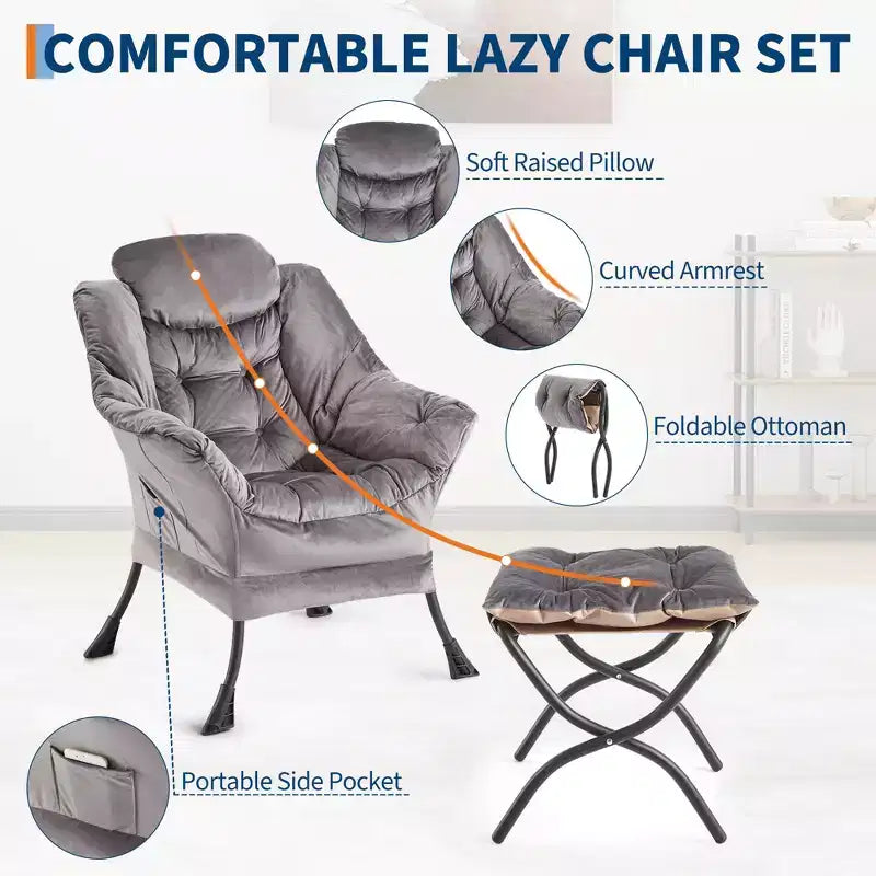 Lazy Chair with Ottoman, Modern Lounge Accent Chair,Leisure Sofa Armchair,Reading Armchair with Side Pocket for Living Room, Bedroom, Dorm & Office
