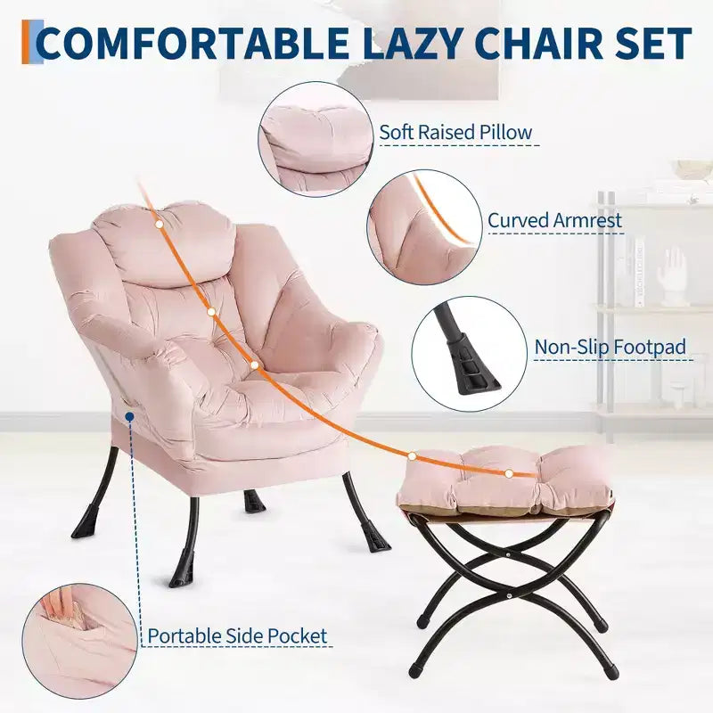 Lazy Chair with Ottoman, Modern Lounge Accent Chair,Leisure Sofa Armchair,Reading Armchair with Side Pocket for Living Room, Bedroom, Dorm & Office