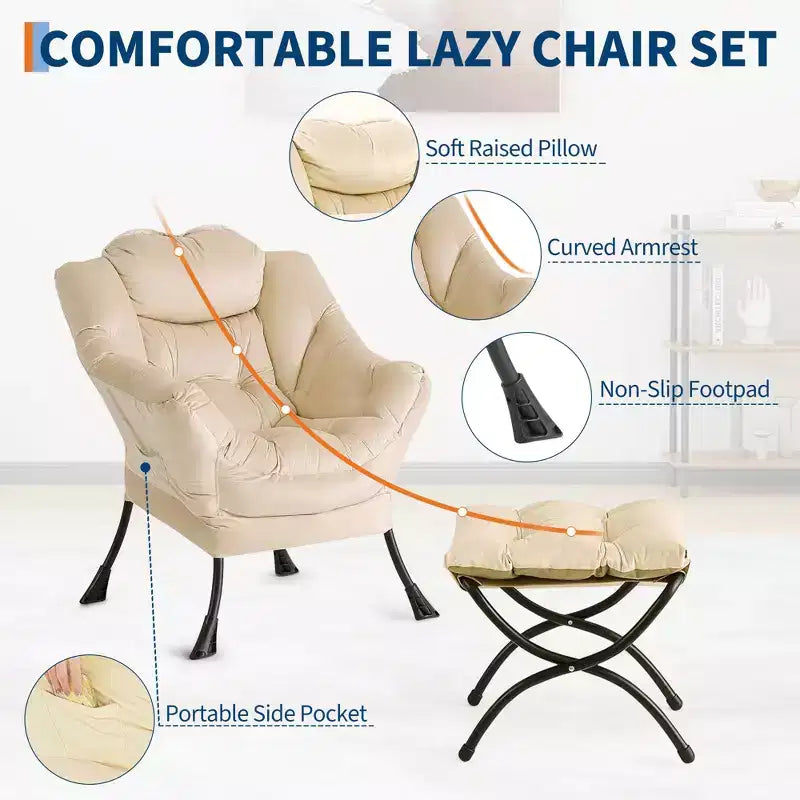 Lazy Chair with Ottoman, Modern Lounge Accent Chair,Leisure Sofa Armchair,Reading Armchair with Side Pocket for Living Room, Bedroom, Dorm & Office
