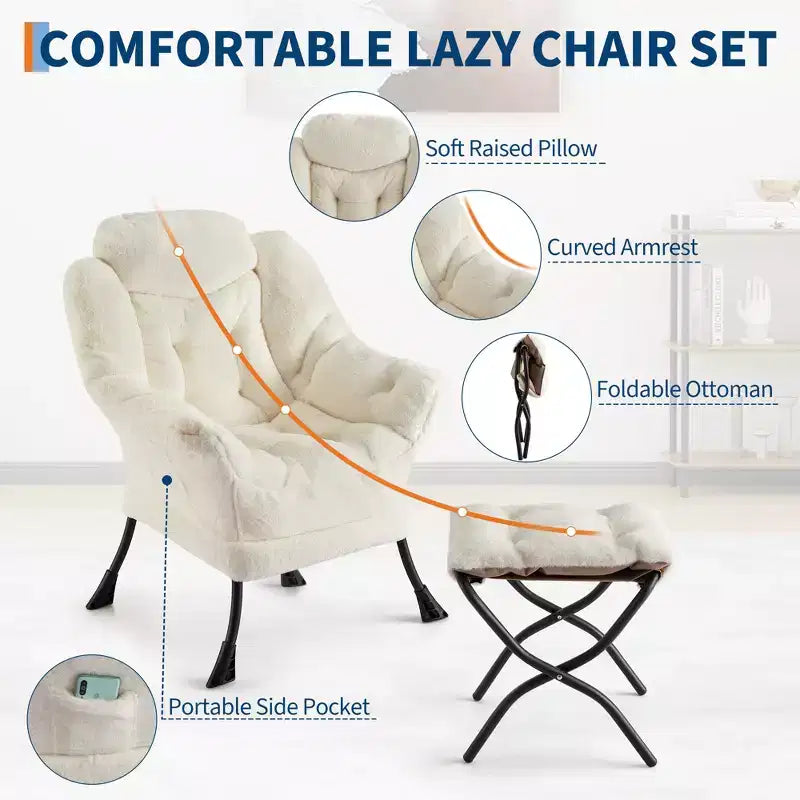 Lazy Chair with Ottoman, Modern Lounge Accent Chair,Leisure Sofa Armchair,Reading Armchair with Side Pocket for Living Room, Bedroom, Dorm & Office