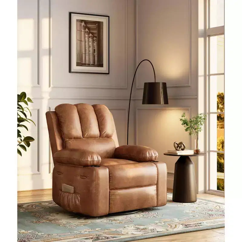27'' Leather Recliner Chair Oversized, Overstuffed Manual Recliner Chair, with Cup Holder and Side Pockets, for Living Rooms, Max Weight 400 lbs