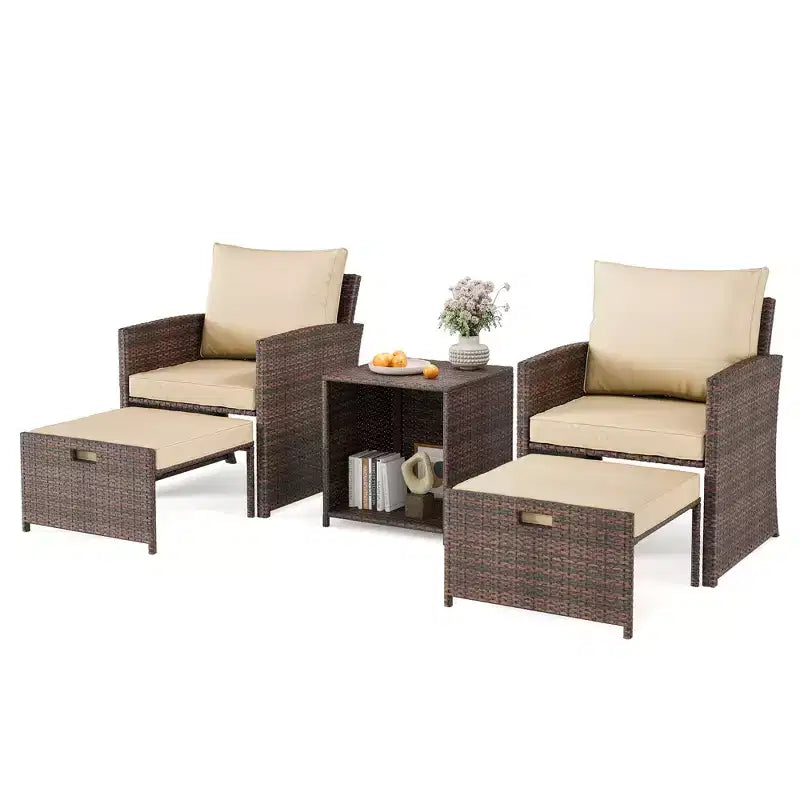 5PCS High Back Patio Conversation Set with 2 Ottomans & Table,All-Weather PE Rattan Lounge Chairs with Soft Cushions,for Balcony,Garden & Poolside