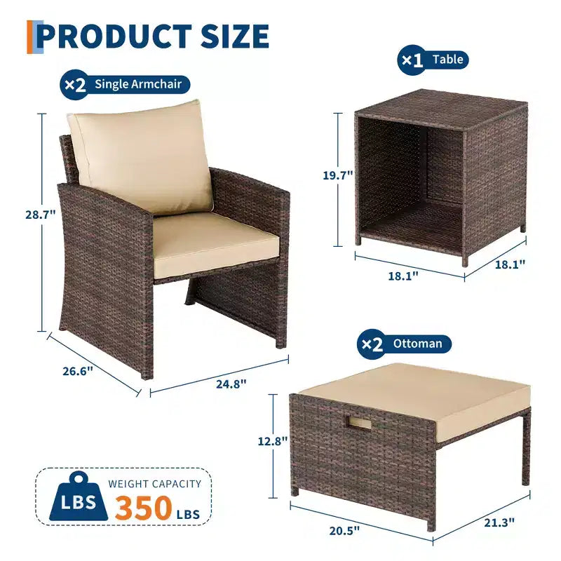 5PCS High Back Patio Conversation Set with 2 Ottomans & Table,All-Weather PE Rattan Lounge Chairs with Soft Cushions,for Balcony,Garden & Poolside