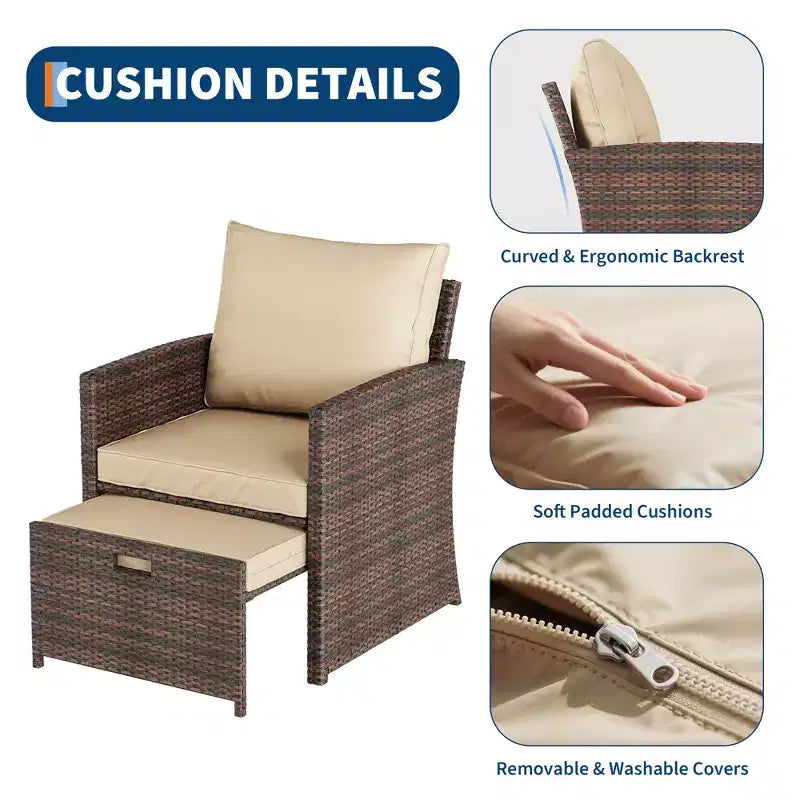 5PCS High Back Patio Conversation Set with 2 Ottomans & Table,All-Weather PE Rattan Lounge Chairs with Soft Cushions,for Balcony,Garden & Poolside