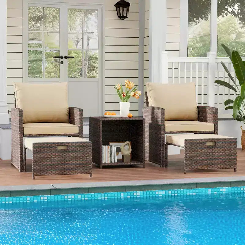 5PCS High Back Patio Conversation Set with 2 Ottomans & Table,All-Weather PE Rattan Lounge Chairs with Soft Cushions,for Balcony,Garden & Poolside