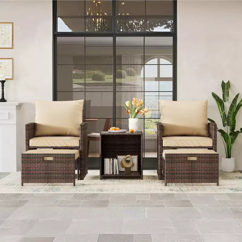 5PCS High Back Patio Conversation Set with 2 Ottomans & Table,All-Weather PE Rattan Lounge Chairs with Soft Cushions,for Balcony,Garden & Poolside