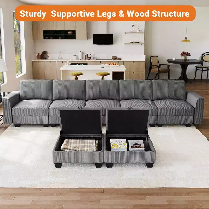 GustoWave 140''W Modular Sleeper Sofa, Sectional Sofa Bed with 7 Seat Modular Couch and Storage, Chaise