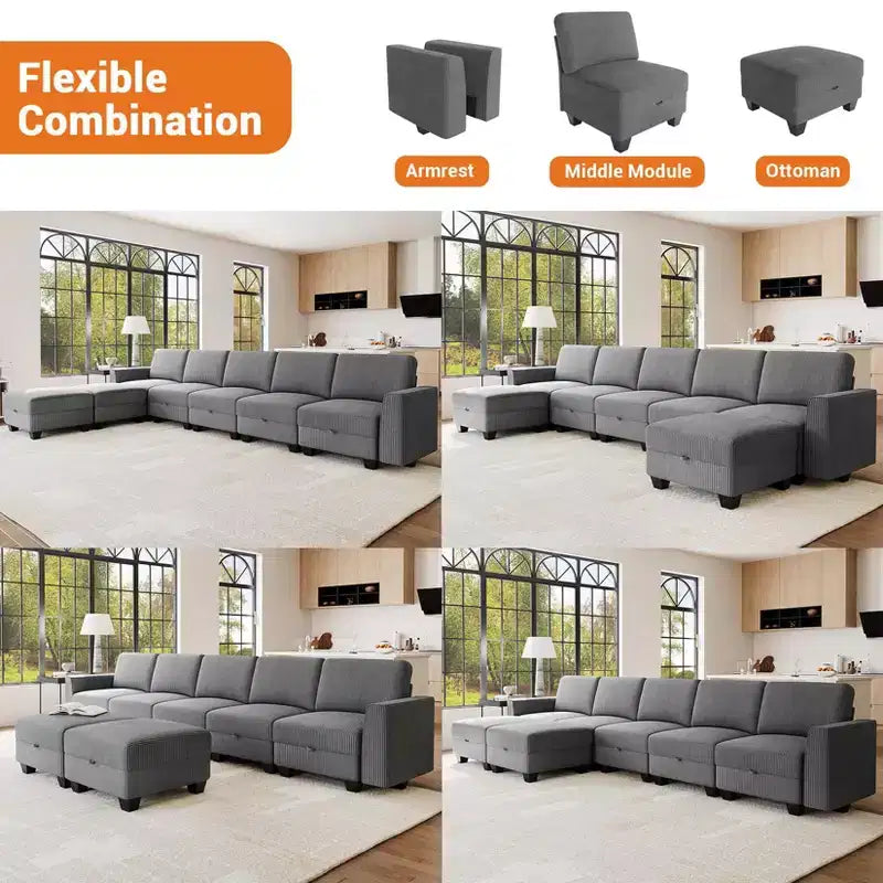 GustoWave 140''W Modular Sleeper Sofa, Sectional Sofa Bed with 7 Seat Modular Couch and Storage, Chaise