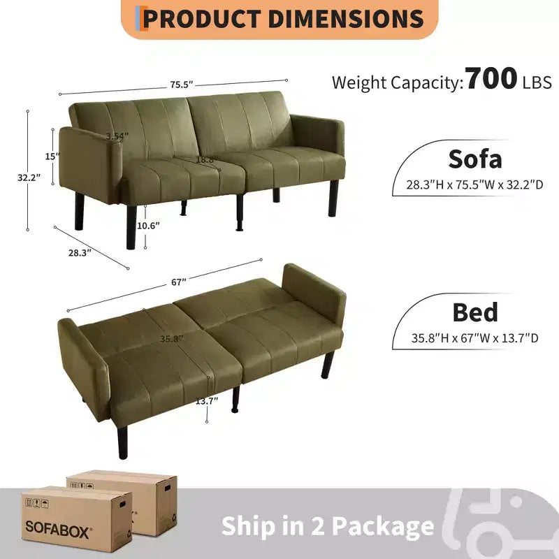 75'' Modern Convertible Futon Couch, Upholstered Solid Wood Futon Sofa, Fabric Adjustable Loveseat Sofa for Living Room