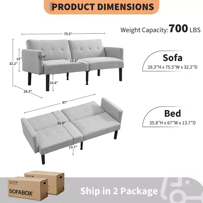 75'' Modern Convertible Futon Couch, Upholstered Solid Wood Futon Sofa, Fabric Adjustable Loveseat Sofa for Living Room