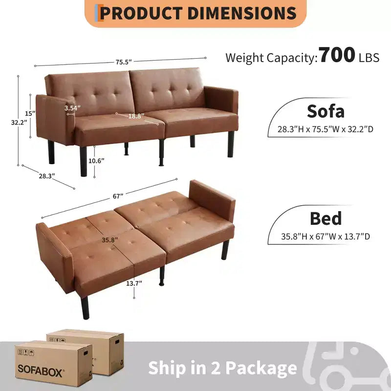 75'' Modern Convertible Futon Couch, Upholstered Solid Wood Futon Sofa, Fabric Adjustable Loveseat Sofa for Living Room