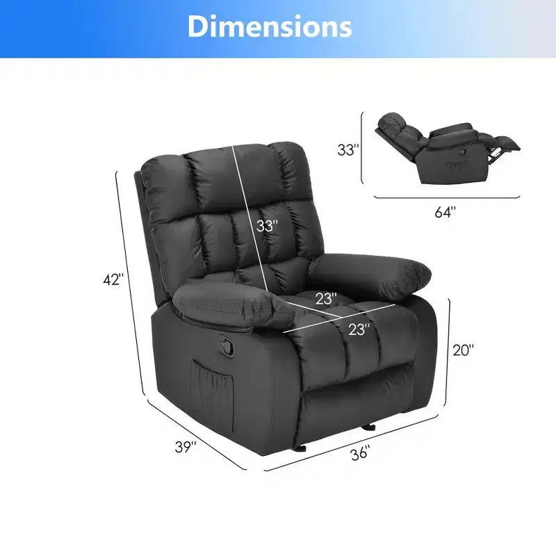 MAYEERTY Ergonomic Recliner Chair 110-160x Adjustable Recline Footrest Side Pocket for Living Room Black