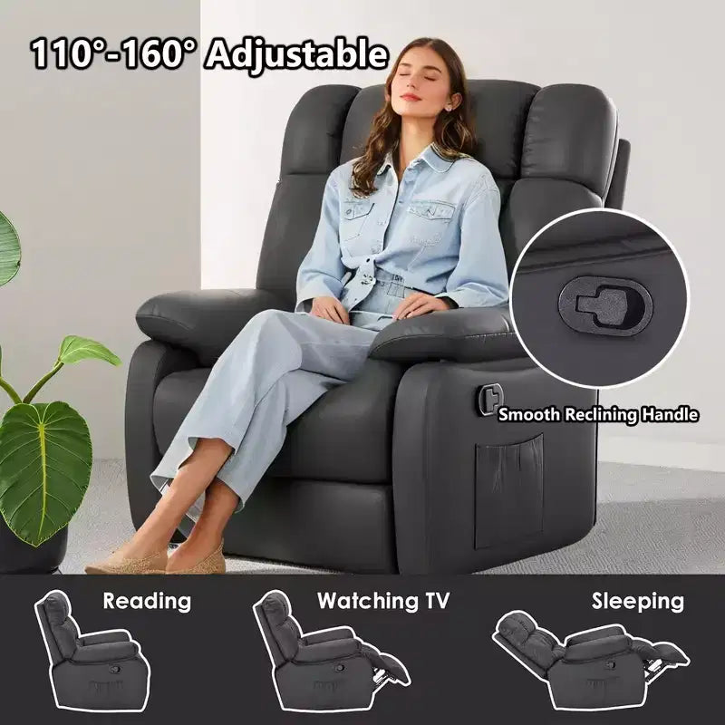 MAYEERTY Ergonomic Recliner Chair 110-160x Adjustable Recline Footrest Side Pocket for Living Room Black