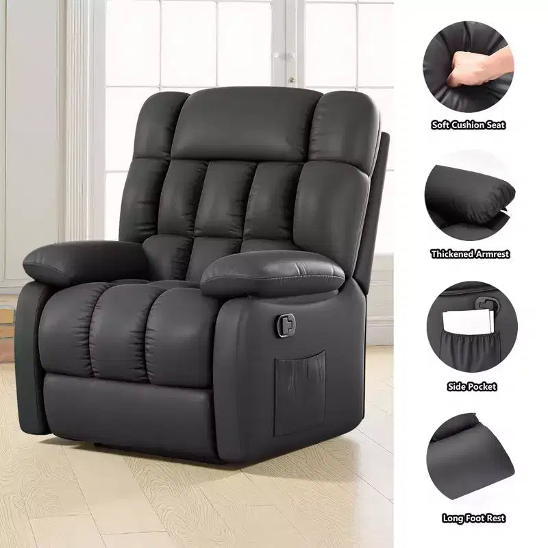 MAYEERTY Ergonomic Recliner Chair 110-160x Adjustable Recline Footrest Side Pocket for Living Room Black