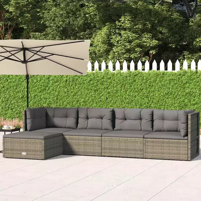 vidaXL Juego de Muebles de Jardín de 5 Piezas - Duradero Juego de Muebles de Ratán Sintético Gris con Estructura de Acero, Sofá Esquinero Ajustable, Cojines Gruesos, Diseño Modular