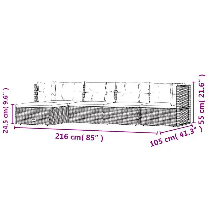 vidaXL Juego de Muebles de Jardín de 5 Piezas - Duradero Juego de Muebles de Ratán Sintético Gris con Estructura de Acero, Sofá Esquinero Ajustable, Cojines Gruesos, Diseño Modular