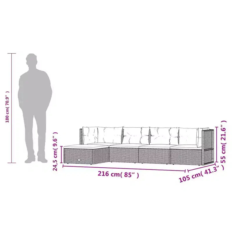 vidaXL Juego de Muebles de Jardín de 5 Piezas - Duradero Juego de Muebles de Ratán Sintético Gris con Estructura de Acero, Sofá Esquinero Ajustable, Cojines Gruesos, Diseño Modular