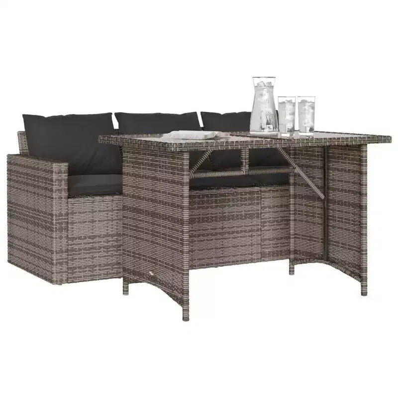 vidaXL Juego de comedor de patio al aire libre de 2 piezas, muebles de ratán sintético con cojines, sofá de 3 plazas y mesa de madera de acacia - Gris/Azul marino
