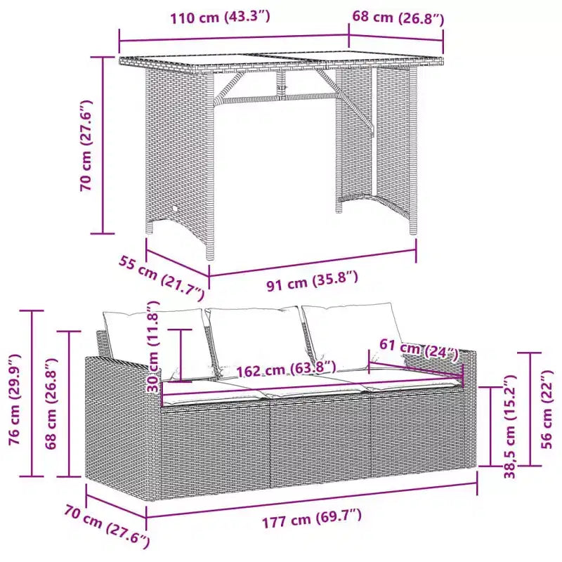 vidaXL Juego de comedor de patio al aire libre de 2 piezas, muebles de ratán sintético con cojines, sofá de 3 plazas y mesa de madera de acacia - Gris/Azul marino