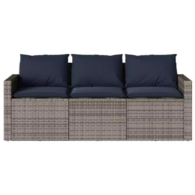 vidaXL Juego de comedor de patio al aire libre de 2 piezas, muebles de ratán sintético con cojines, sofá de 3 plazas y mesa de madera de acacia - Gris/Azul marino