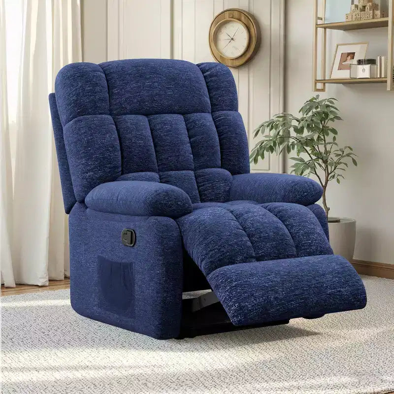 MAYEERTY Ergonomic Recliner Chair 110-161x Adjustable Recline Footrest Side Pocket for Living Room Dark Blue