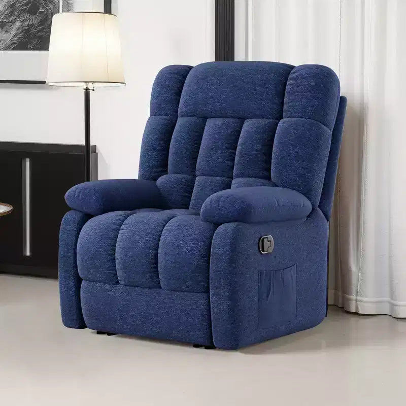 MAYEERTY Ergonomic Recliner Chair 110-161x Adjustable Recline Footrest Side Pocket for Living Room Dark Blue