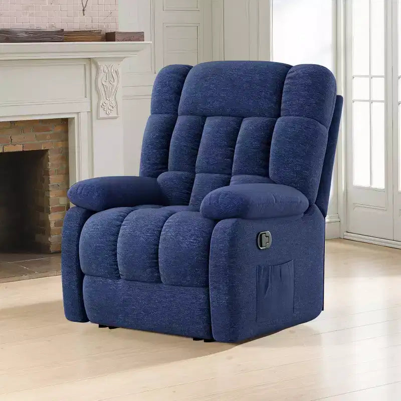 MAYEERTY Ergonomic Recliner Chair 110-161x Adjustable Recline Footrest Side Pocket for Living Room Dark Blue