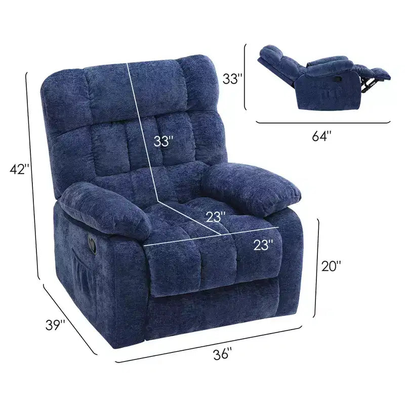 MAYEERTY Ergonomic Recliner Chair 110-161x Adjustable Recline Footrest Side Pocket for Living Room Dark Blue
