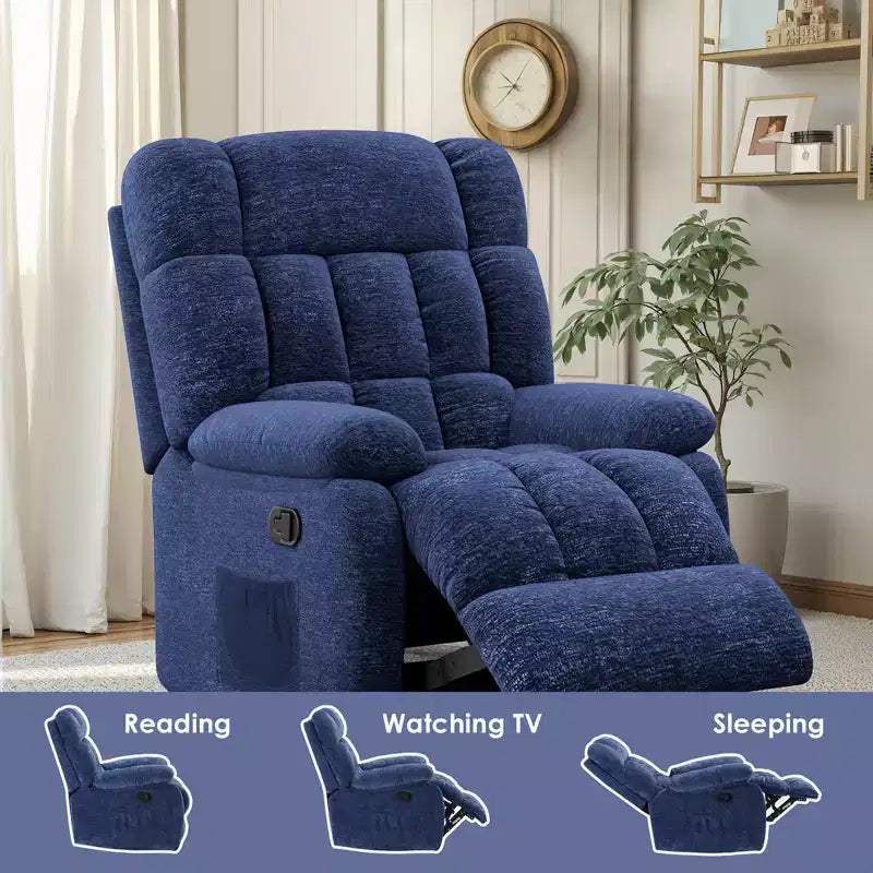 MAYEERTY Ergonomic Recliner Chair 110-161x Adjustable Recline Footrest Side Pocket for Living Room Dark Blue