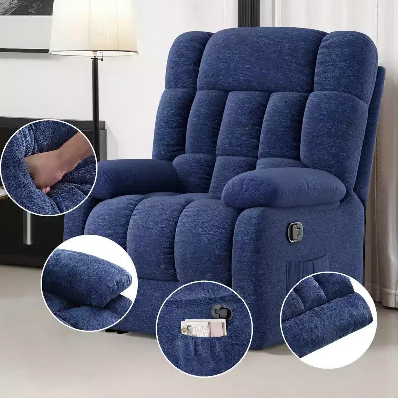 MAYEERTY Ergonomic Recliner Chair 110-161x Adjustable Recline Footrest Side Pocket for Living Room Dark Blue