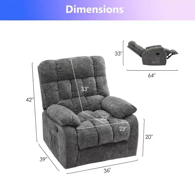 MAYEERTY Ergonomic Recliner Chair 110-160x Adjustable Recline Footrest Side Pocket for Living Room Gray