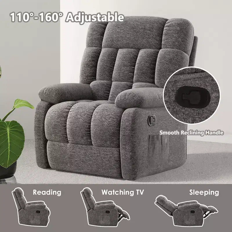 MAYEERTY Ergonomic Recliner Chair 110-160x Adjustable Recline Footrest Side Pocket for Living Room Gray